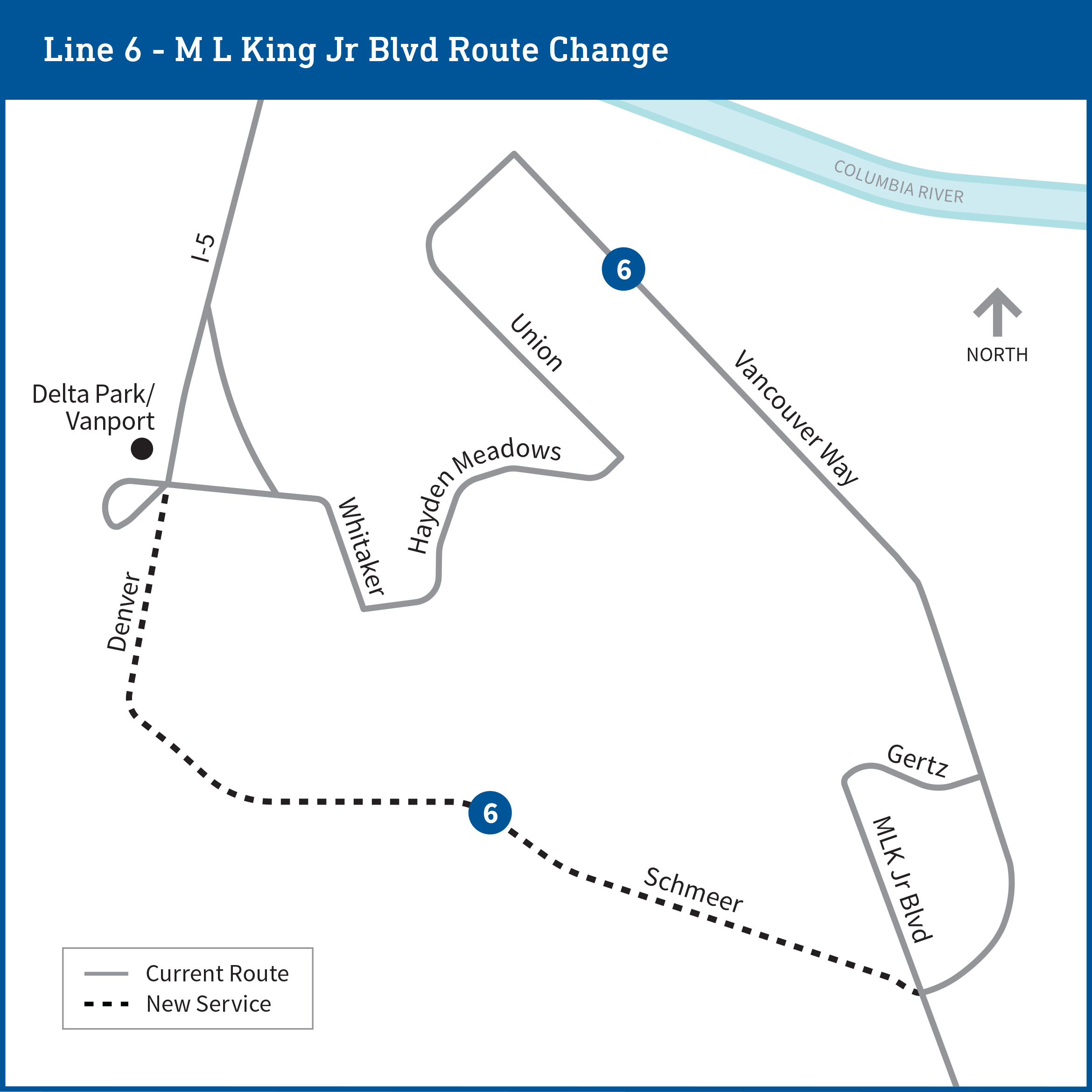 Map showing new Line 6 service on N Schmeer and N Denver and current route on MLK Jr Blvd, Vancouver Way, Union, Hayden Meadows, Whitaker, and I-5.