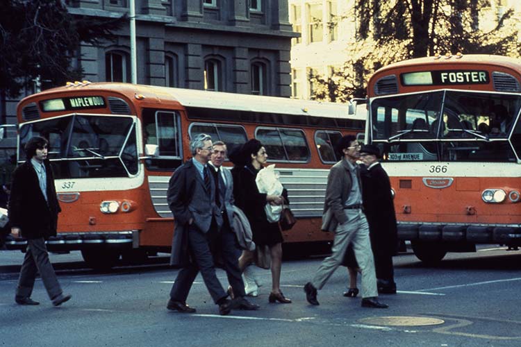 Buses and pedestrian on Fareless Square