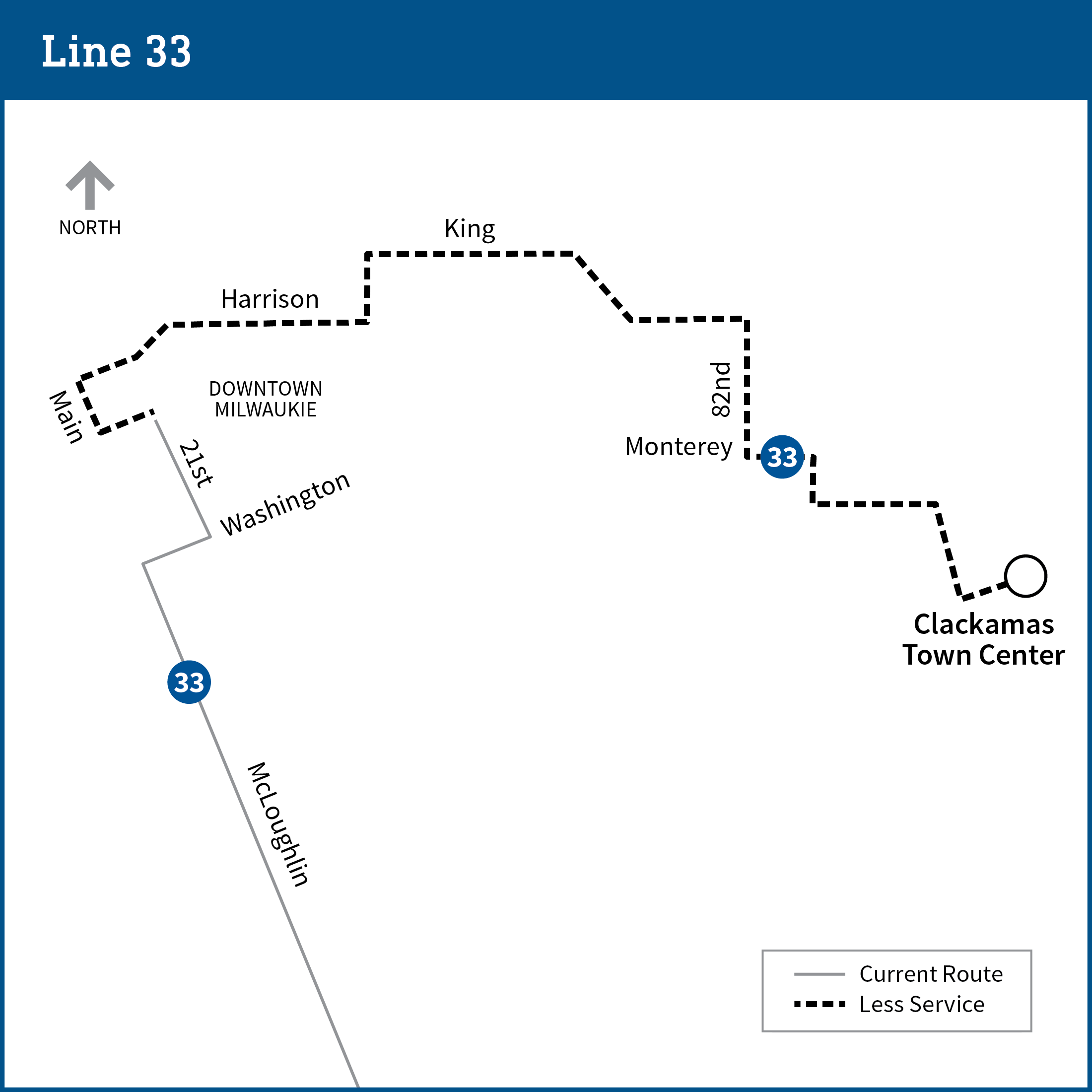 Map shows a portion of the line 33 route from McLoughlin to Clackamas Town Center. The route from Main to Clackamas Town Center is highlighted to show the proposal of where service would be reduced to once an hour after 8pm.