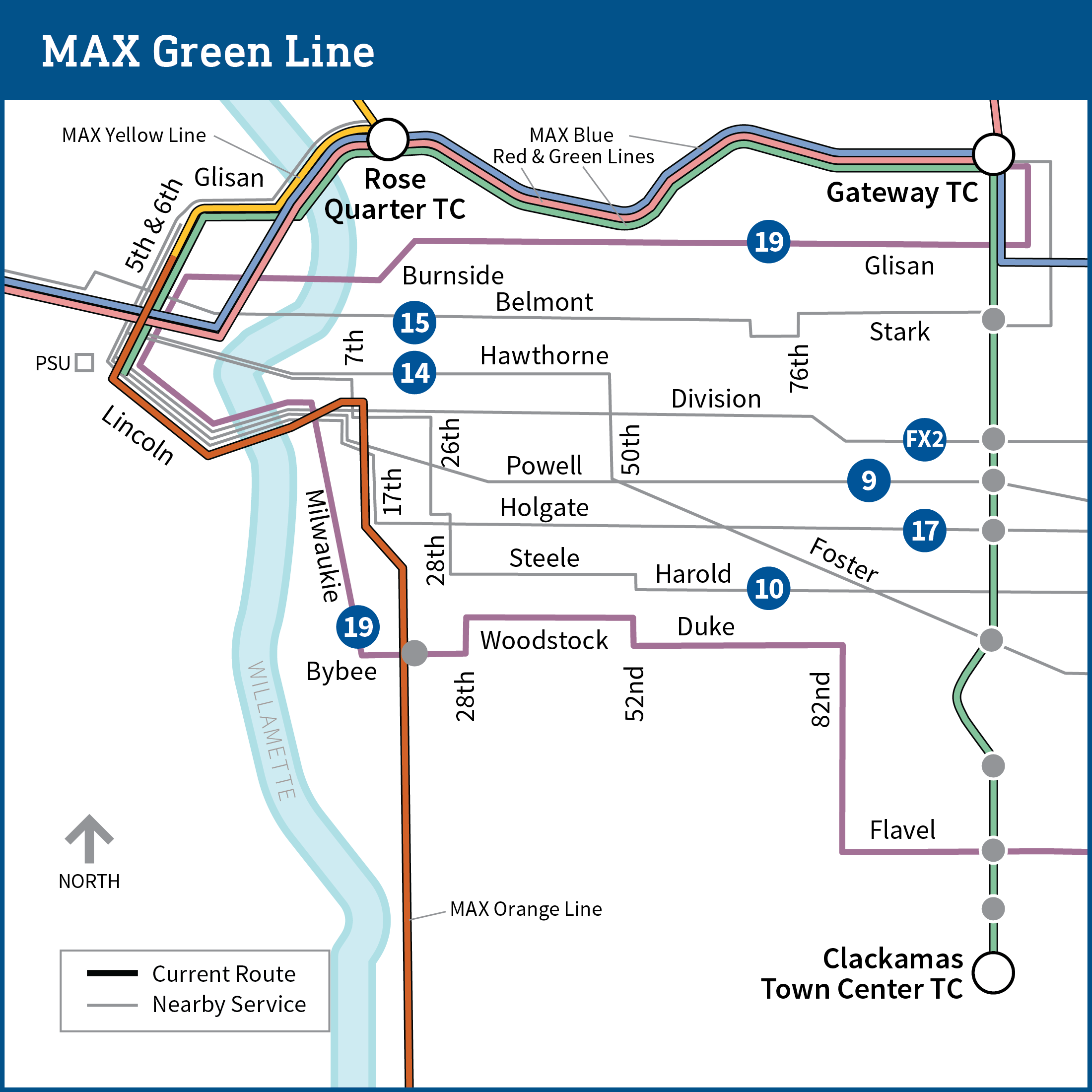 Map shows parts of northeast, southeast and downtown Portland with current transit lines. The MAX Green Line runs from PSU to Clackamas Town Center, with stops noted at Rose Quarter Transit Center, Gateway Transit Center, SE Stark, SE Division, SE Powell, SE Holgate, SE Foster and SE Flavel.